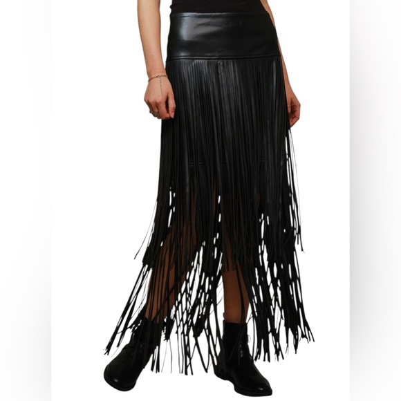 New blue b Black Faux Leather Tiered Carwash Fringe Festival Western Mini Skirt - Picture 4 of 7